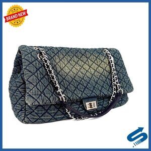 Extra Large Quilted Denim Shoulder Bag, Crossbody Hobo Tote with Chain Strap